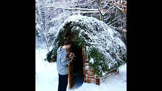 Winter bushcraft tiny house building with open fireplace shorts bushcraft winter snow tinyhouse [upl. by Sarad]