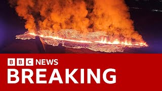 Iceland volcano erupts near village  BBC News [upl. by Leesen]