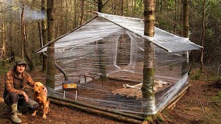 Building a Woodland Cabin with Plastic Wrap  Wood Stove  Survival Project  Bushcraft Shelter [upl. by Rodrich]