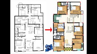 Easy Autocad House plan render in photoshop [upl. by Naivad]