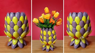 Pineapple Design Flower Vase make of Plastic Spoons  Recycled Plastic Bottle Craft Ideas  DIY [upl. by Chadwick781]