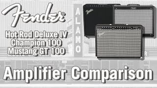 2018 Fender Amplifier Shootout  Hot Rod Deluxe IV  Mustang GT 100  Champion 100 [upl. by Araes]