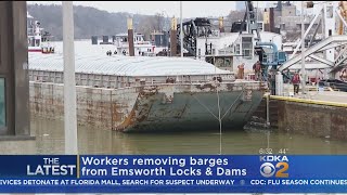 Crews Begin Removing Breakaway Barges From Emsworth Locks amp Dam [upl. by Brookes]