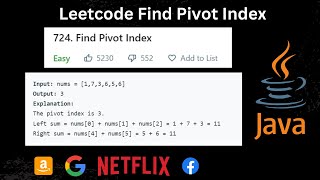 Find Pivot Index Leetcode 724 Solution in Java  Leetcode  724  Problem Solving  Pivot Index [upl. by Hodges]