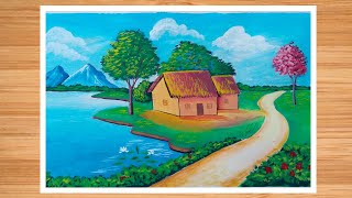 Beautiful village scenery painting  nature drawing painting  village painting [upl. by Alhsa657]