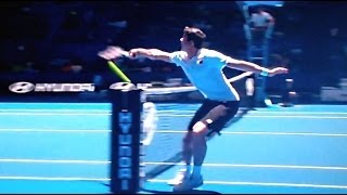 Extremely Rare Tennis Shot  Raonic Hitting Shot From Other Side of the Court Back Into the Net [upl. by Munson]