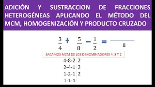 Adición y sustracción de fracciones heterogéneas utilizando el MCM homogenización producto cruzado [upl. by Phillip]