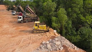 Ability Extremely Good Methods Bulldozer the team Operator Fill in Big Stones with Dump Truck [upl. by Munford]