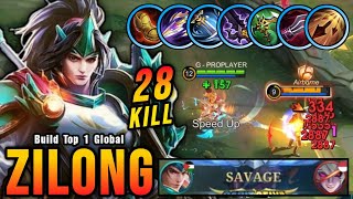 SAVAGE  28 Kills Zilong Beast Mode Insane Attack Speed Build  Build Top 1 Global Zilong  MLBB [upl. by Aicenev518]