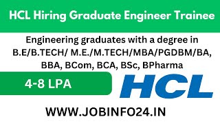 HCL Hiring Graduate Engineer Trainee  BCA JOBS BTECH JOBS Graduation pass job work from home jobs [upl. by Aiasi]