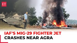 MiG29 fighter jet crashes near Agra after midair system glitch pilot ejects to safety [upl. by Ainattirb]