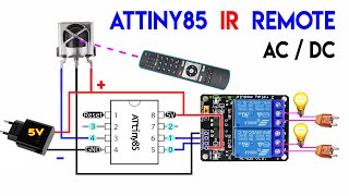 ATtiny85 Relay Control with IR Remote  2Channel IR Remote Control System Using ATtiny85 [upl. by Lednyc672]