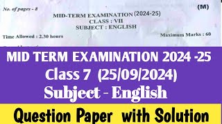 class 7 English Mid term examination 202425 250924 कक्षा 7 English Question paper with soln [upl. by Onil]