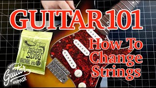 Guitar 101 How to Restring a Fender Squire Stratocaster Guitar w Tremolo Bridge [upl. by Dougal]