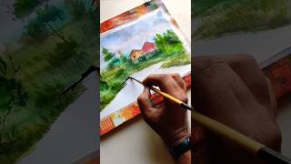 Mesmerizing Watercolor Landscape Paintingpeaceful viralshortswatercolorpainting [upl. by Cirdes887]