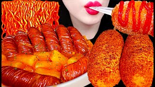 ASMR Mozarella Corn Dog Spicy Noodles Sausage 로제 떡볶이 핫도그 소세지 먹방 Mukbang Eating [upl. by Davidoff608]