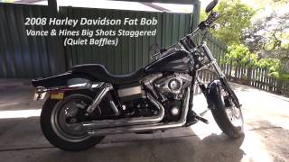 Harley Davidson Fat Bob Tommy Gun Exhaust vs Vance amp Hines Big Shots Staggered Quiet Baffles [upl. by Higley571]