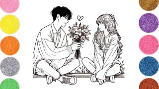 Romantic Couple Drawing amp ColoringValentine DrawingLove DrawingSpeed ColoringCute Couple [upl. by Yanaton]