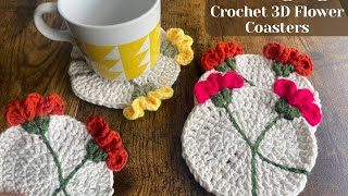 EASY Crochet 3D Flower Coasters Tutorial [upl. by Alber]