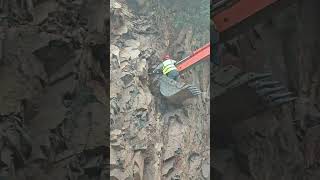 A worker on the bucket of a crawler excavator pulls something out of a rock with the bucket [upl. by Blight]