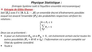 Physique Statistique Entropie de GibbsShanon [upl. by Aihsoj]