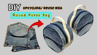 DIY Easy and Quick Round Mini Purse Bag From Denim Back Pocket Upcycling Reuse Idea [upl. by Ahsercel]