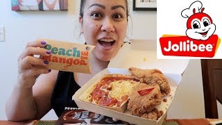 JOLLIBEE SPAGHETTI SPICY FRIED CHICKEN amp PEACH MANGO PIE  MUKBANG EATING SHOW [upl. by Elletnahc805]