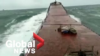 quotMaydayquot Camera captures huge wave snapping cargo ship in 2 off coast of Turkey [upl. by Zacarias679]