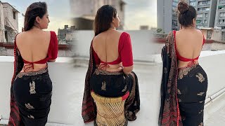 Saree Back Pose  Red Backless Blouse With Black Silk Saree  Ultra Low Waist saree [upl. by Ytissahc]