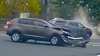 IDIOT RUNS RED LIGHT CAUSES MASSIVE CAR CRASH [upl. by Sumaes]