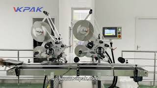 VKFTLDH Automatic Double Heads Mylar Bag Pouch Carton Box Flat Sticker Labeling Machine [upl. by Tomlinson]