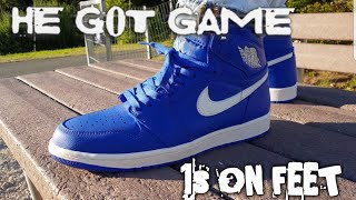 AIR JORDAN RETRO 1 quotHE GOT GAMEquotquotHYPER ROYAL ON FOOT [upl. by Elnukeda]