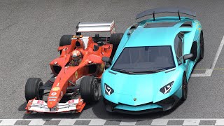 Ferrari F1 F2004 Michael Schumacher vs Lamborghini Aventador SV at Monza [upl. by Calore]