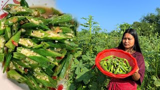 Plucking Green Lady Finger  Cooking Lady Finger Recipe [upl. by Mahalia]