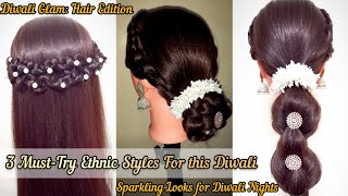 🎆3 Elegant Ethnic Hairstyles to Dazzle This Diwaliaurorashines lowbunhairstyle diwali hairstyles [upl. by Godderd]