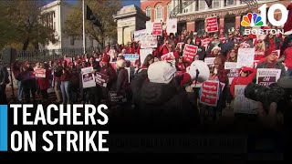 Striking North Shore teachers rally at Mass State House [upl. by Rebme384]