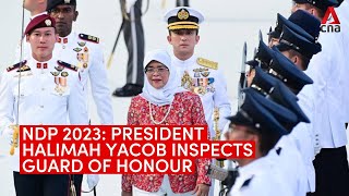 National Day Parade 2023 President Halimah Yacob inspects guard of honour [upl. by Bascio921]