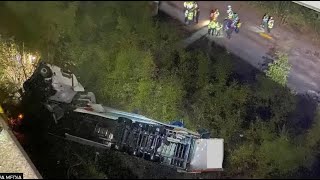 Lorry falls off Thelwall Viaduct with M6 motorway closed [upl. by Allets]