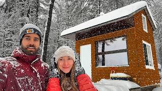 Winter camping in a Tiny Off Grid Cabin in a Snowstorm  20 Inches of Snow [upl. by Senskell]