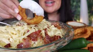 THANK YOU ASMR CREAMY FETTUCCINE ALFREDO PASTA CRISPY BACON ONION RINGS CRUNCHY JALAPEÑO FOOD VIDE [upl. by Omoj506]