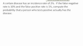 Probability of a disease given a postiive test Bayes Theorem ex2 [upl. by Ativet]