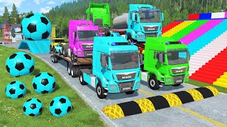 Double Flatbed Trailer Truck vs Speedbumps Train vs Cars  Tractor vs Train BeamngDrive 0195 [upl. by Anelaf]