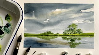 Paint Beginners REFLECTIONS amp Stormy Sky Loose Watercolor Landscape Painting Watercolour Tutorial [upl. by Sumahs]