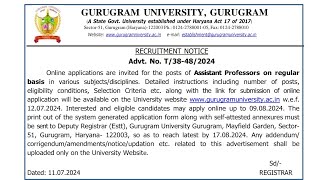 Gurugram University Teaching Vacancy 2024 gurugram teaching [upl. by Hnoj712]