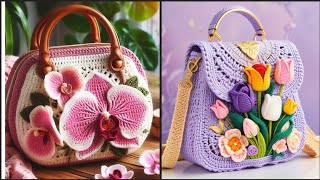 Crochet half moon shaped bag with wooden handle knitted with wool crochetbag knitted bag [upl. by Acemat]