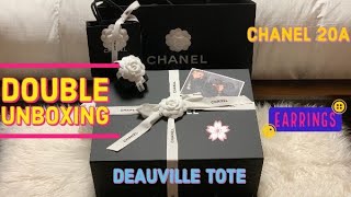 Chanel 20A Collection Double Unboxing Deauville Tote Bag What Fits Inside Paris Button Earrings [upl. by Atsirak747]