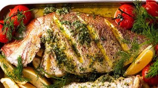 Whole Baked Fish  Herb Stuffed with Garlic Butter Dill Sauce [upl. by Westbrooke]