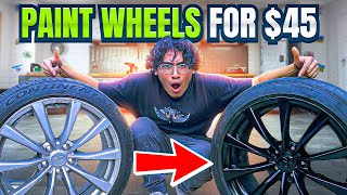 HOW TO SPRAY PAINT WHEELS ON YOUR CAR FOR A QUICK 45 [upl. by Becka]