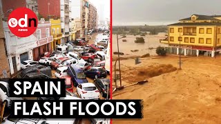 Terrifying Footage Shows Flash Floods in Spain Sweep Away Walls and Cars [upl. by Hound]