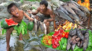 Primitive Technology  Found Food Meet Watermelons Cook Fish Eating Show [upl. by Rinna]